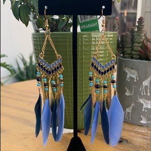 Blue and gold feathered earrings